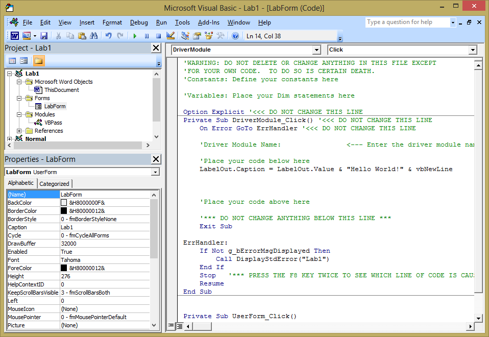 A screen capture of a VBA program with a bug.