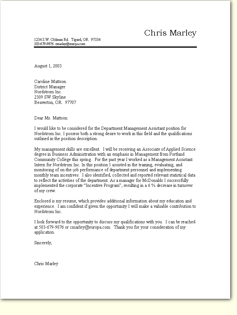 Ba Cover Letter