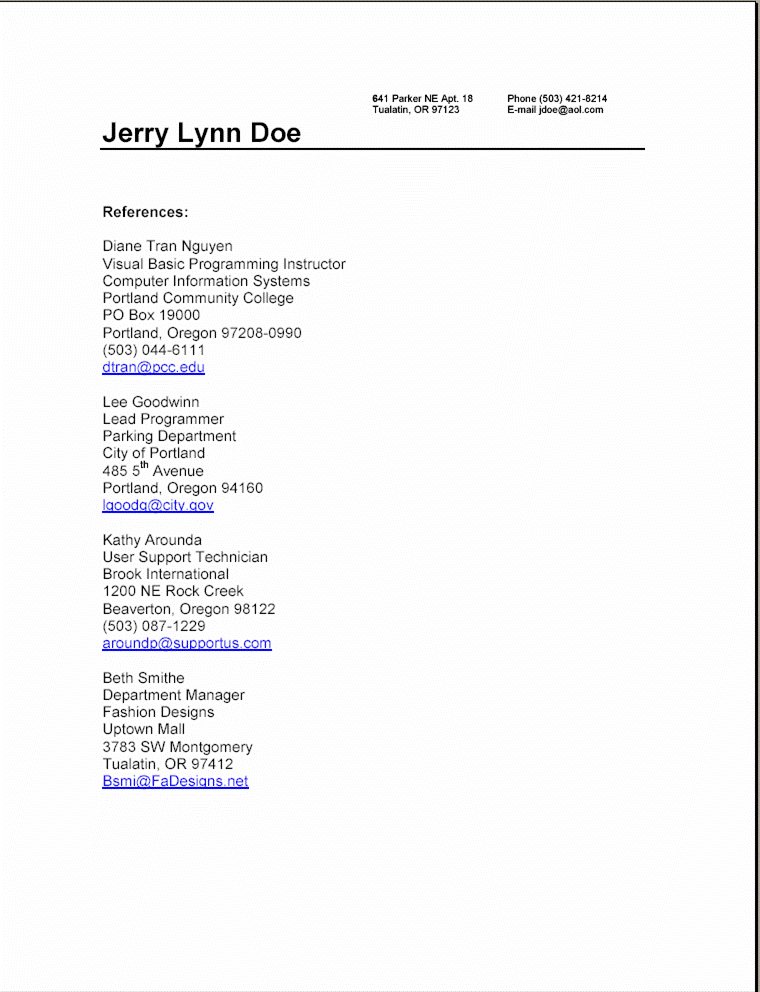 Reference page for resume sample