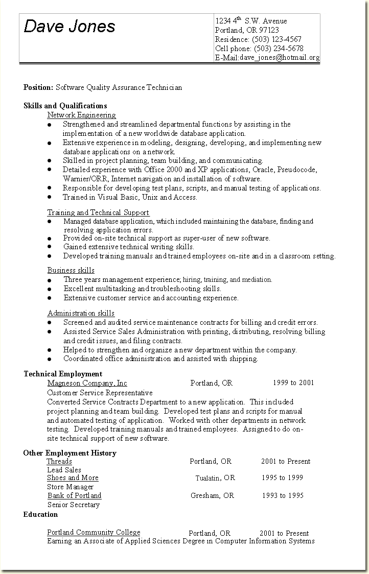 Resume For Qa Internship 