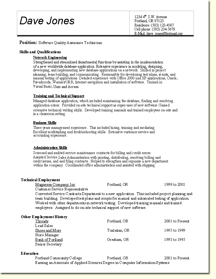 tech sample resume computer