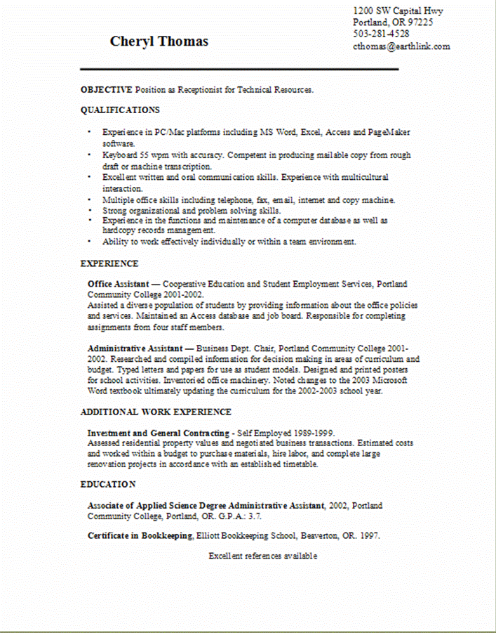 Receptionist Resume Sample