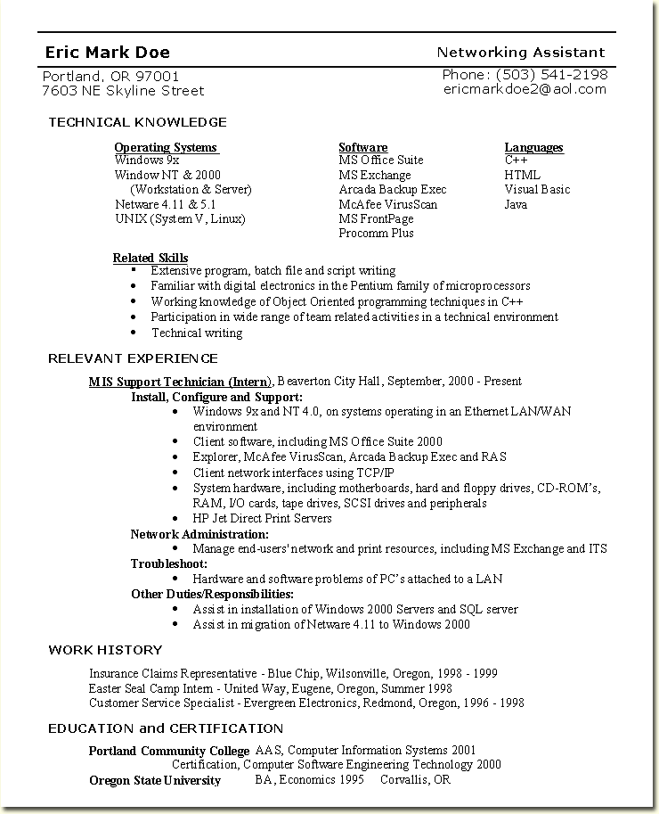 Networking Assistant Resume Sample