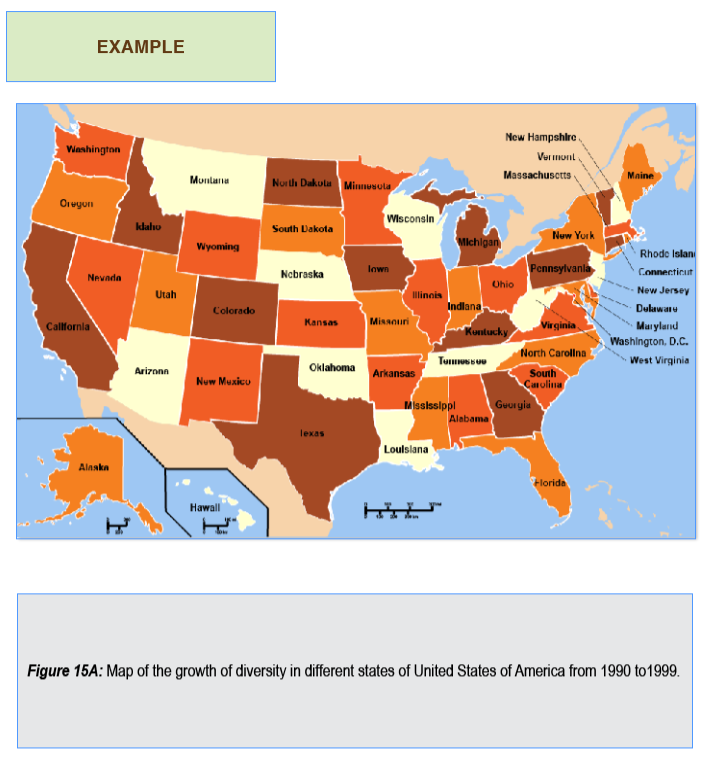 Example of a map of United States showing growth of diversity by state from 1990-1999. From Complex Images for All Learners, by Supada Amornchat US diversity map see example descriptions