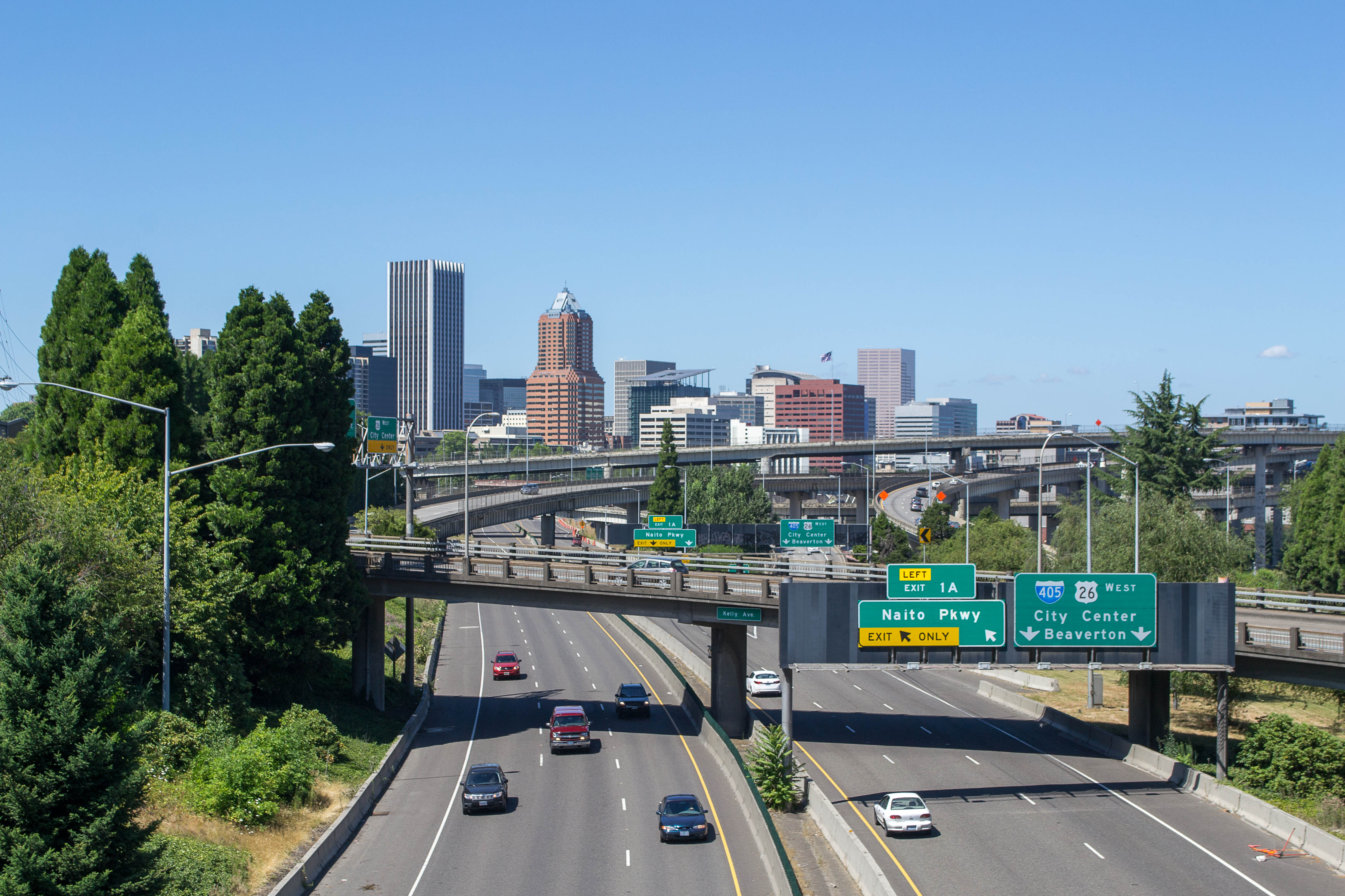 A picture of the Portland, Oregon skyline taken from the Ross Island Bridge