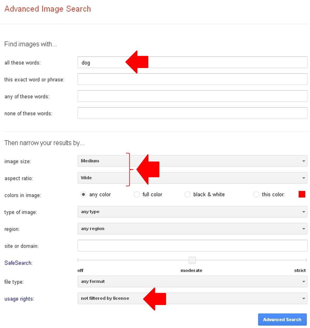 Google advanced image search options
