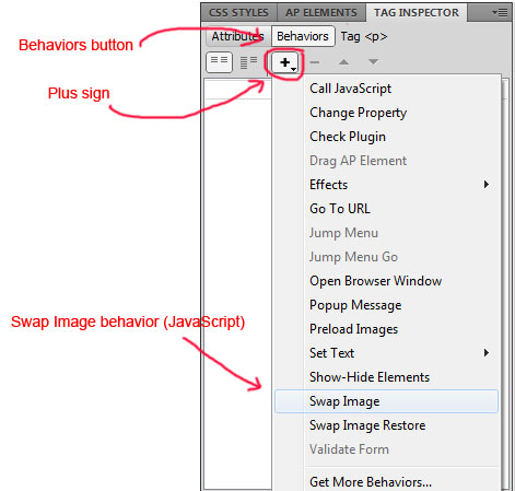 Cal 3, Behaviors button of Tag Inspector