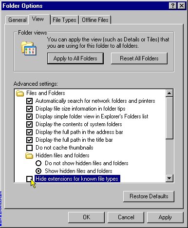 Windows XP - Show file extensions