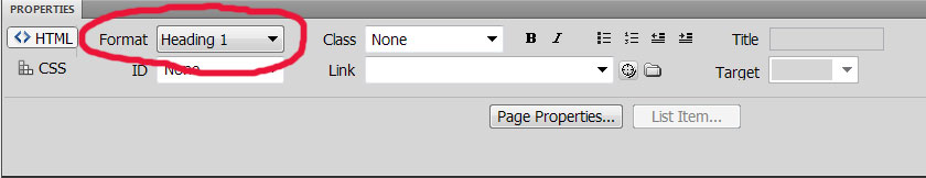 format heading under Properties Panel in Dreamweaver