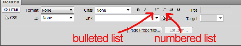 List buttons in Properties panel in Dreamweaver