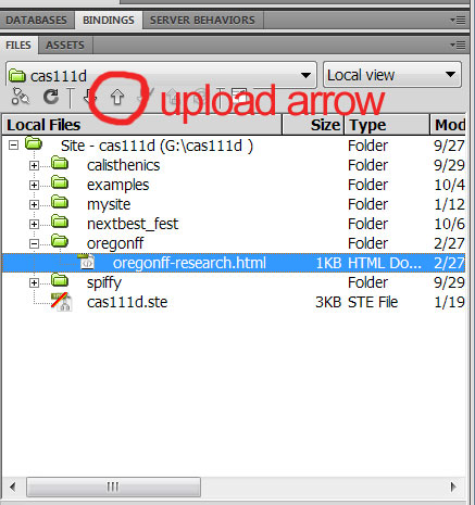 Click Up arrow in Files panel to upload file to SWS in Dreamweaver