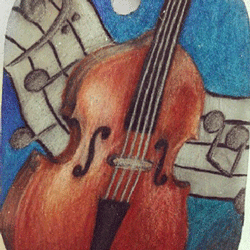 Shrinky Dink pendant with a upright bass and a bass clef musical staff drawn on it with prismacolor pencils