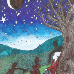 Pen and ink drawing of a person sitting under a tree, looking up at the stary night sky, with shadow people crawling towards them