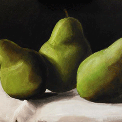 Painting of three green pears with a dark background on a white table cloth