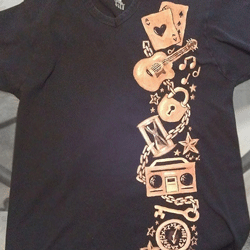 Black shirt with a drawing design down the right side with bleach