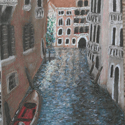 Painting of a canal in Venice Italy with a boat in the left corner