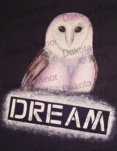 colorful barn owl painting with the word dream under it