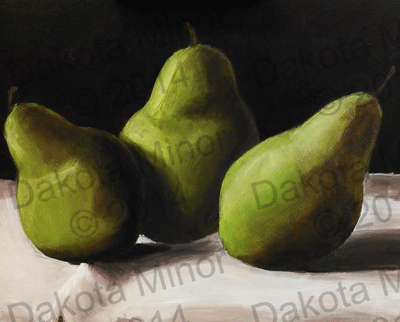 acrylic painting of green pears on a white table cloth