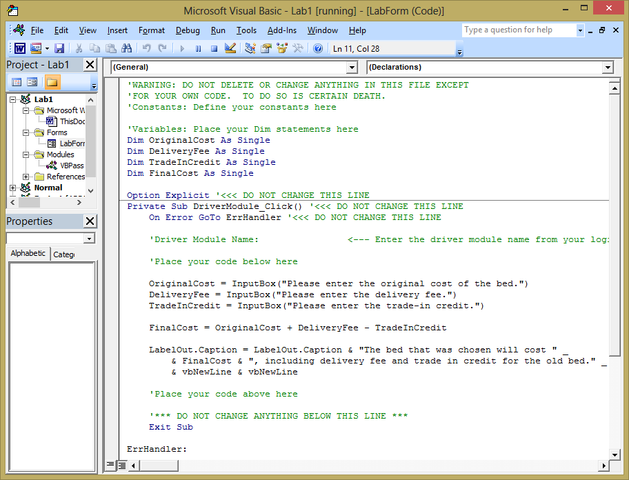 Visual Basic Developer's Window for the completed Lab 1.